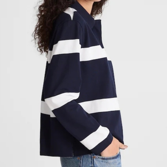 Madewell Rugby Stripe Polo L True Midnight Navy White Stripe NY776 NWOT Sporty - Picture 2 of 8